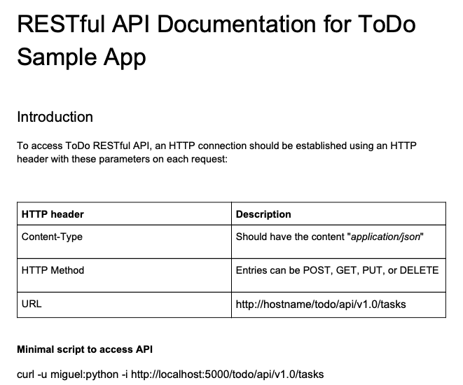 Partial image of the first page of API documentation